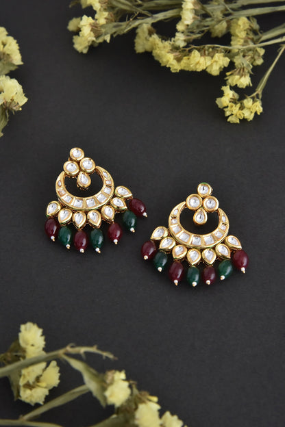 Gold Finish Kundan Polki Handcrafted Chandbali Earrings