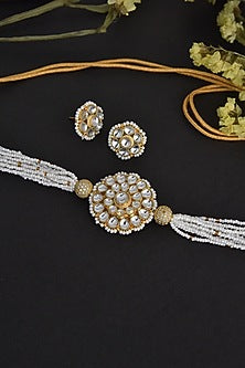 Gold Finish Kundan Polki & Pearl Handcrafted Choker Necklace Set