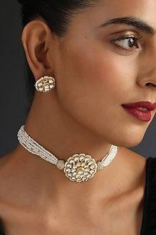Gold Finish Kundan Polki & Pearl Handcrafted Choker Necklace Set
