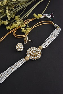 Gold Finish Kundan Polki & Pearl Handcrafted Choker Necklace Set