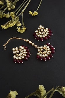 Gold Finish Red Kundan Polki Handcrafted Chandbali Earrings & Maangtikka