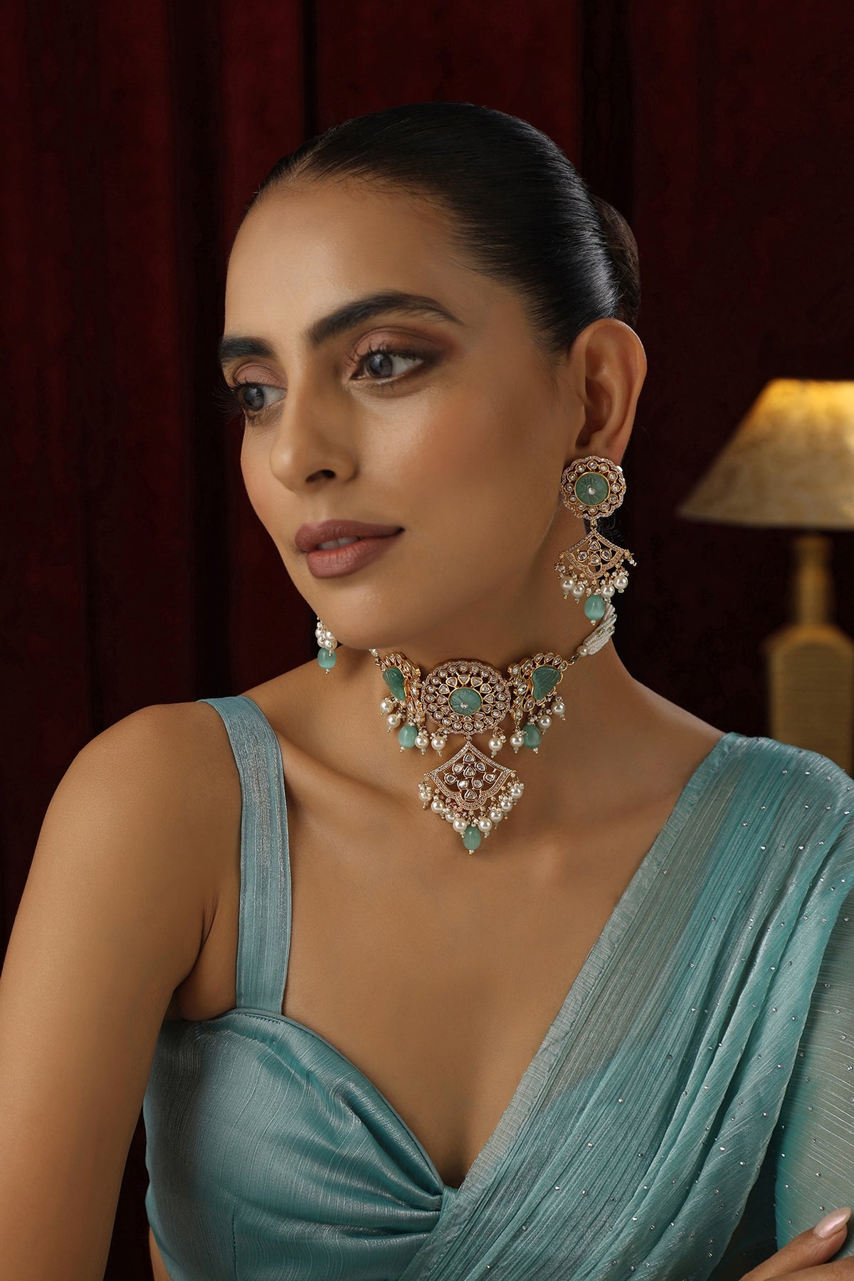 Rose Gold Finish Mint Kundan Polki Handmade Choker Necklace Set
