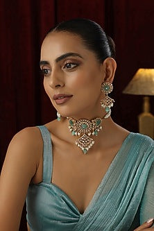 Rose Gold Finish Mint Kundan Polki Handmade Choker Necklace Set