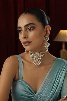 Rose Gold Finish Mint Kundan Polki Handmade Choker Necklace Set