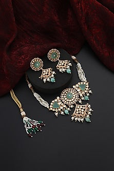Rose Gold Finish Mint Kundan Polki Handmade Choker Necklace Set
