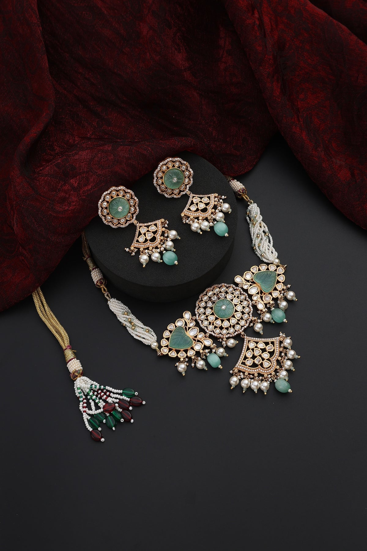 Rose Gold Finish Mint Kundan Polki Handmade Choker Necklace Set