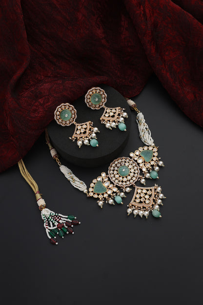 Rose Gold Finish Mint Kundan Polki Handmade Choker Necklace Set
