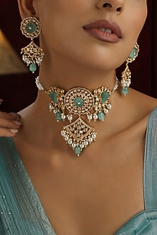 Rose Gold Finish Mint Kundan Polki Handmade Choker Necklace Set
