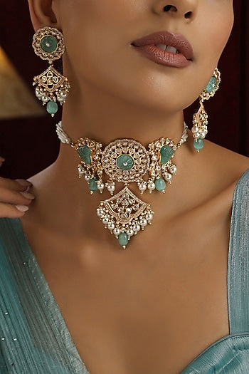 Rose Gold Finish Mint Kundan Polki Handmade Choker Necklace Set