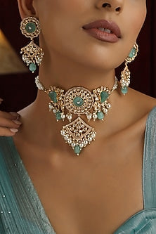 Rose Gold Finish Mint Kundan Polki Handmade Choker Necklace Set