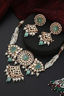 Rose Gold Finish Mint Kundan Polki Handmade Choker Necklace Set