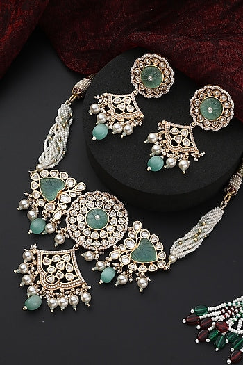 Rose Gold Finish Mint Kundan Polki Handmade Choker Necklace Set
