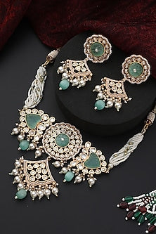 Rose Gold Finish Mint Kundan Polki Handmade Choker Necklace Set