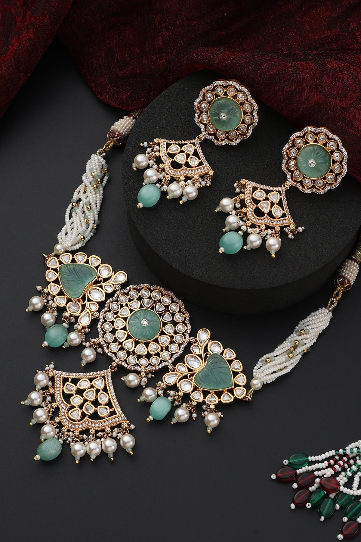 Rose Gold Finish Mint Kundan Polki Handmade Choker Necklace Set