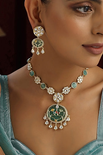 Gold Finish Mint Kundan Polki Handmade Pendant Necklace Set