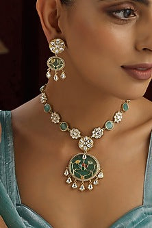 Gold Finish Mint Kundan Polki Handmade Pendant Necklace Set