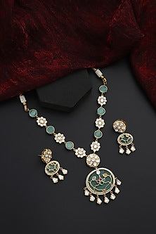 Gold Finish Mint Kundan Polki Handmade Pendant Necklace Set