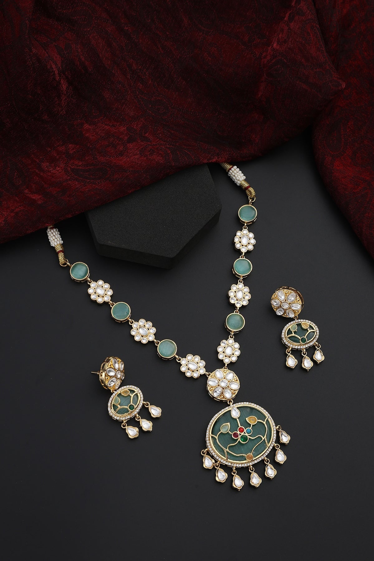 Gold Finish Mint Kundan Polki Handmade Pendant Necklace Set