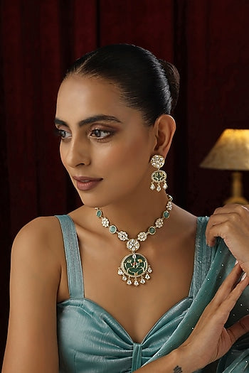 Gold Finish Mint Kundan Polki Handmade Pendant Necklace Set