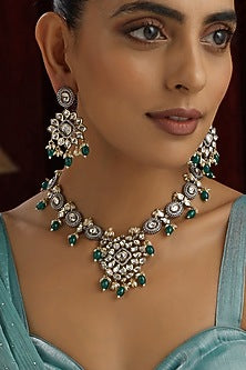 Gold Finish Green Kundan Polki Handmade Necklace Set