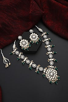 Gold Finish Green Kundan Polki Handmade Necklace Set