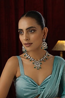 Gold Finish Green Kundan Polki Handmade Necklace Set