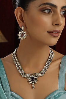 Gold Finish Purple Kundan Polki Handmade Layered Necklace Set