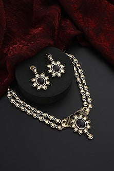 Gold Finish Purple Kundan Polki Handmade Layered Necklace Set
