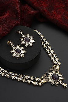 Gold Finish Purple Kundan Polki Handmade Layered Necklace Set