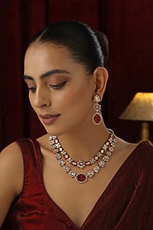 Rose Gold Finish Red Kundan Polki Layered Necklace Set