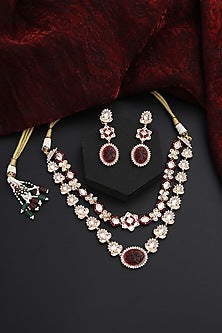 Rose Gold Finish Red Kundan Polki Layered Necklace Set