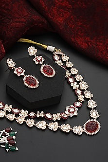 Rose Gold Finish Red Kundan Polki Layered Necklace Set