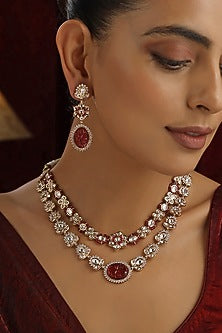 Rose Gold Finish Red Kundan Polki Layered Necklace Set