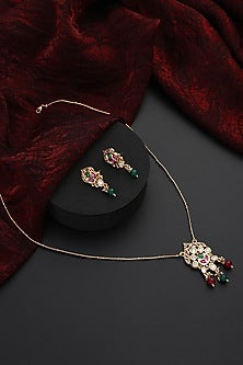 Rose Gold Finish Multi-Colored Kundan Polki Long Necklace Set