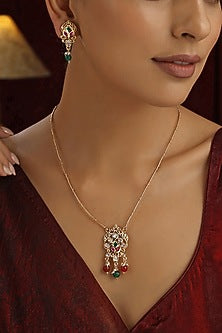 Rose Gold Finish Multi-Colored Kundan Polki Long Necklace Set
