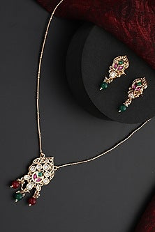 Rose Gold Finish Multi-Colored Kundan Polki Long Necklace Set