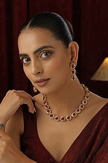 Gold Finish Red Kundan Polki Handmade Necklace Set