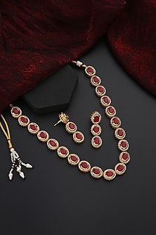 Gold Finish Red Kundan Polki Handmade Necklace Set