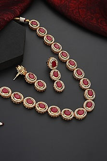 Gold Finish Red Kundan Polki Handmade Necklace Set