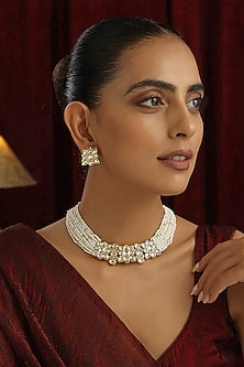 Gold Finish White Kundan Polki Choker Necklace set