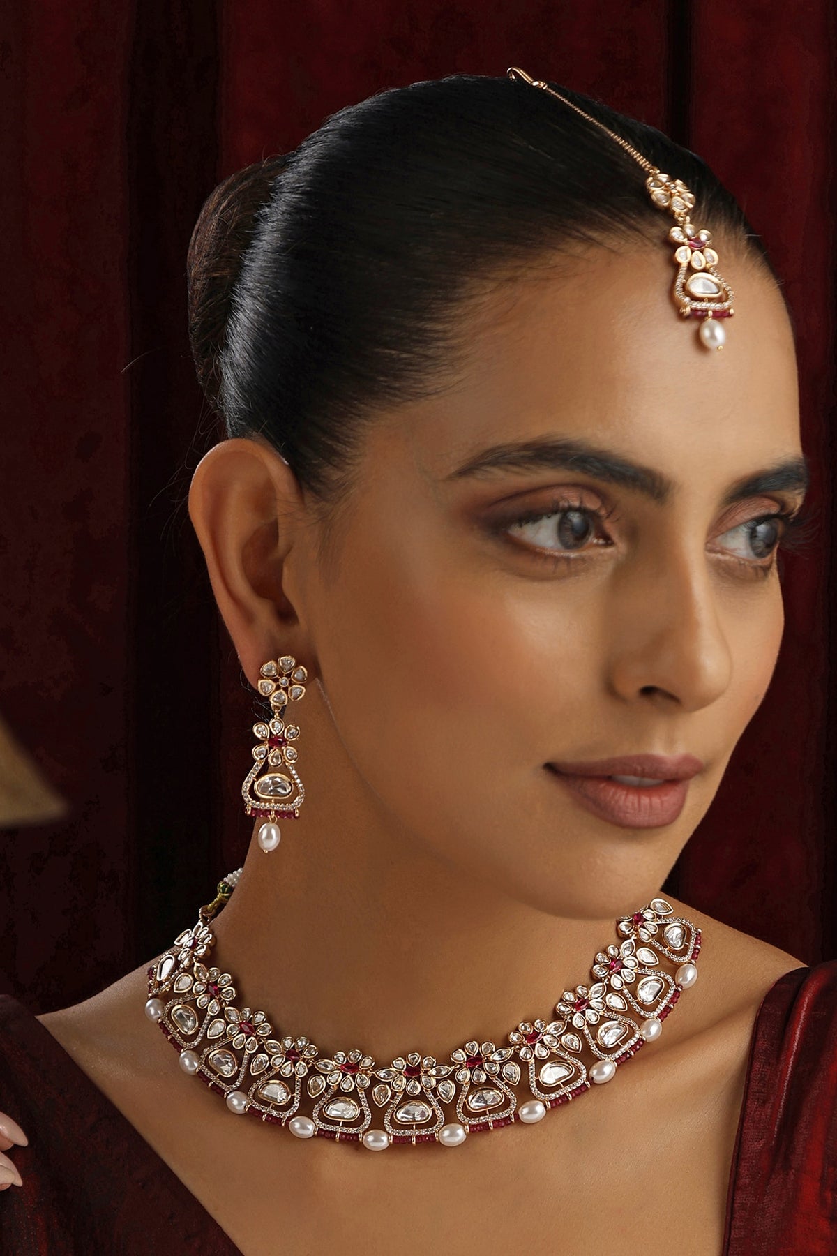 Gold Finish Red Kundan Polki Choker Necklace Set