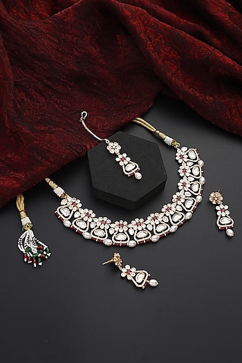 Gold Finish Red Kundan Polki Choker Necklace Set