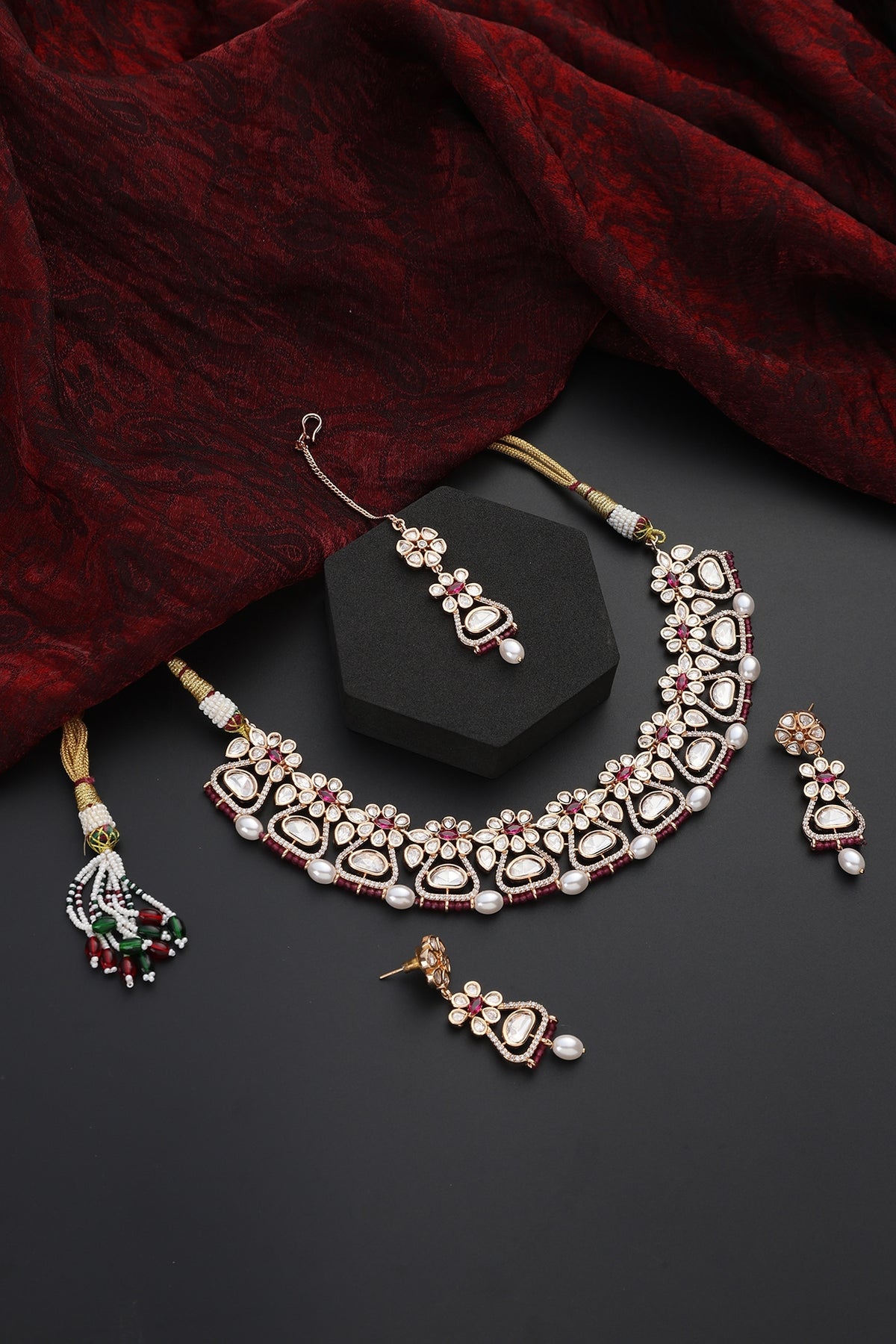 Gold Finish Red Kundan Polki Choker Necklace Set
