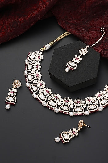 Gold Finish Red Kundan Polki Choker Necklace Set
