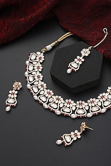 Gold Finish Red Kundan Polki Choker Necklace Set