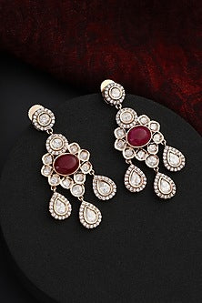 Rose Gold Finish Red Kundan Polki Handmade Dangler Earrings