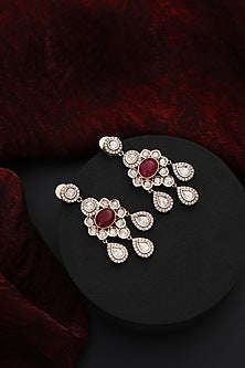 Rose Gold Finish Red Kundan Polki Handmade Dangler Earrings