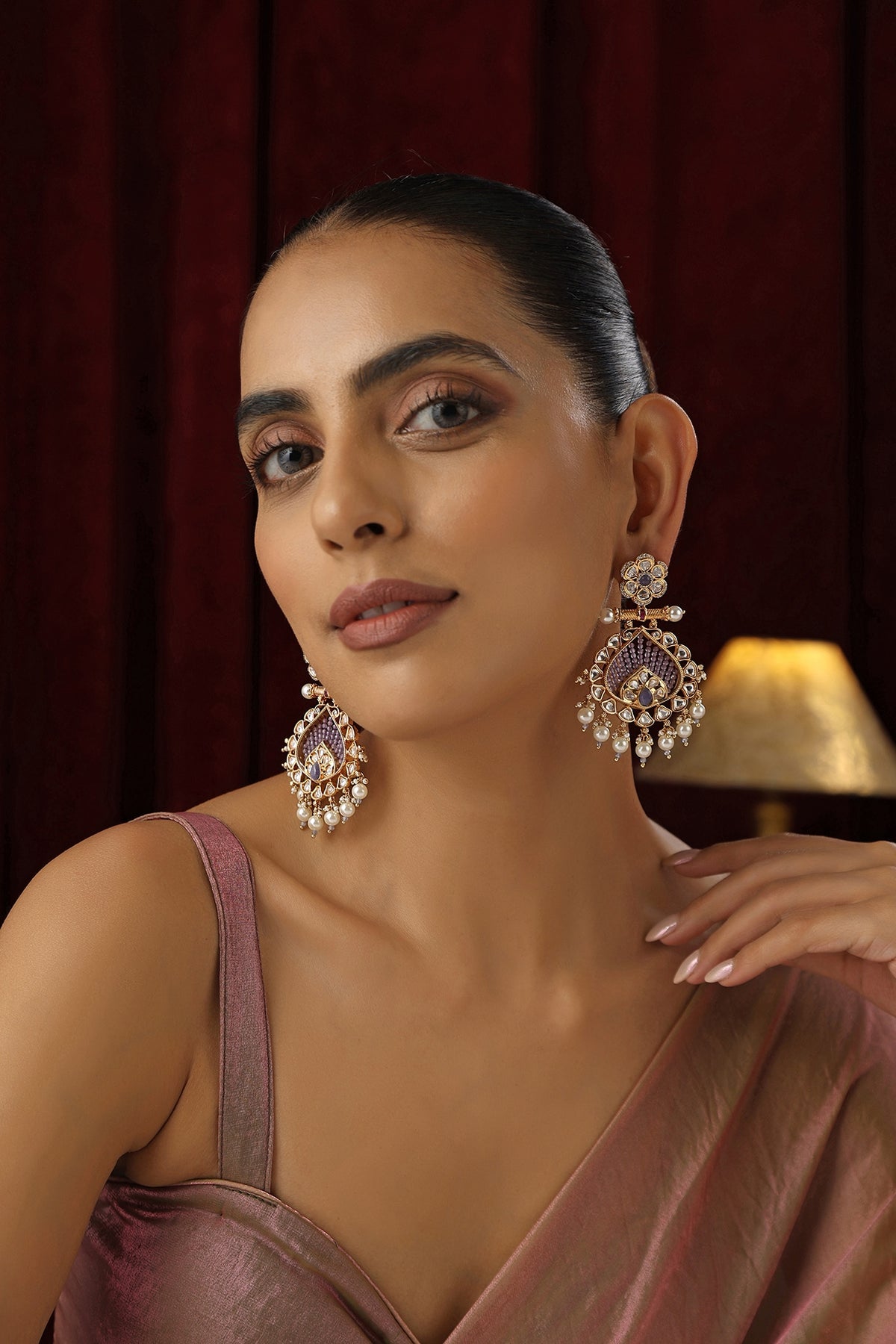 Rose Gold Finish Lavender Kundan Polki Handmade Dangler Earrings