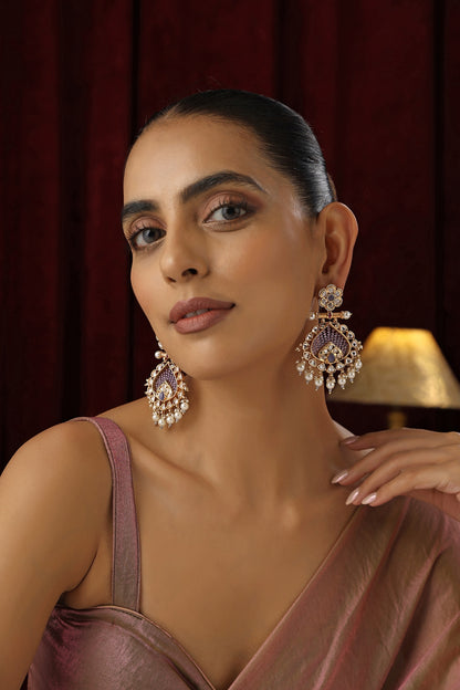 Rose Gold Finish Lavender Kundan Polki Handmade Dangler Earrings