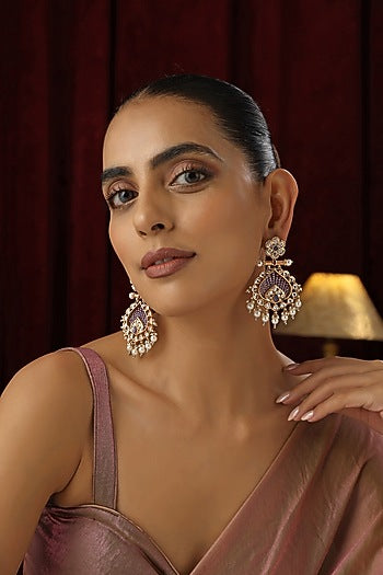 Rose Gold Finish Lavender Kundan Polki Handmade Dangler Earrings